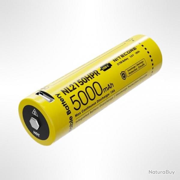 Batterie Nitecore NL2150HPR 21700 - 5000mAh 3.6V protge Li-ion - Rechargeable USB-C (port intgr)