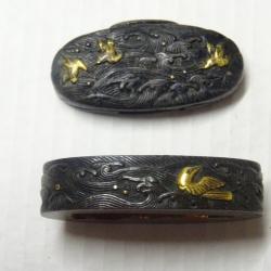 japon122) lot = magnifique paire de fuchi et kashira  en shakudo  = époque édo