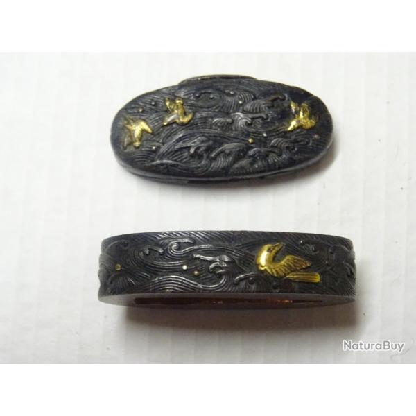 japon122) lot = magnifique paire de fuchi et kashira  en shakudo  = poque do