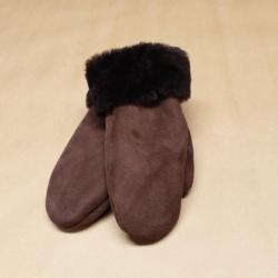 Moufles nubuck Femme chaudes en peau d'agneau retournée marron foncé