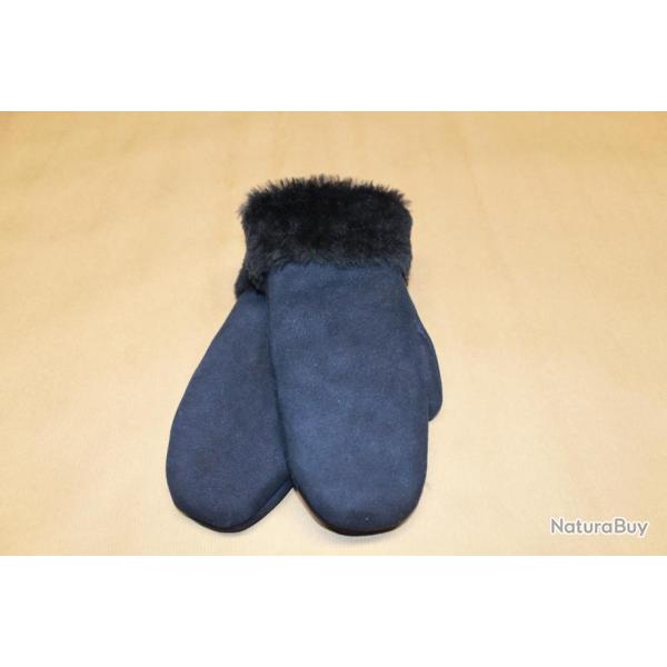 Moufles nubuck Femme chaudes en peau d'agneau retourne bleu marine navy