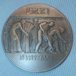 Médaille bronze - le travail est un trésor. Le laboureur et ses enfants. Enseignement agricole.