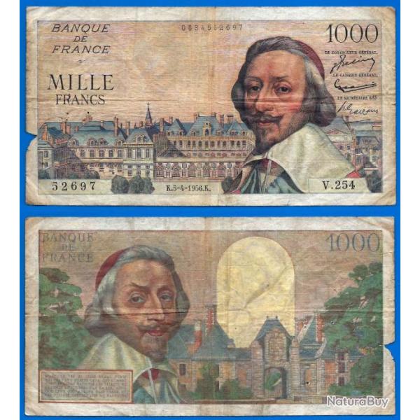 France 1000 Francs 1956 Serie V Richelieu Billet Franc Frcs Frc Frs