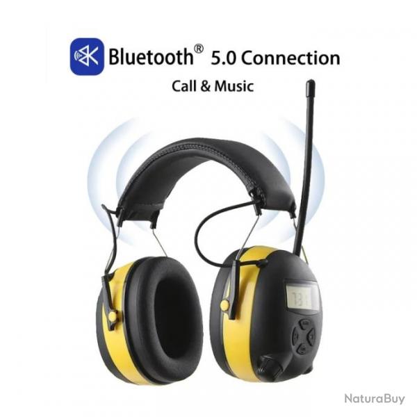 Casque de Protection Auditive Bluetooth AM/FM Rduction de Bruit 25 dB Batterie Rechargeable Jaune