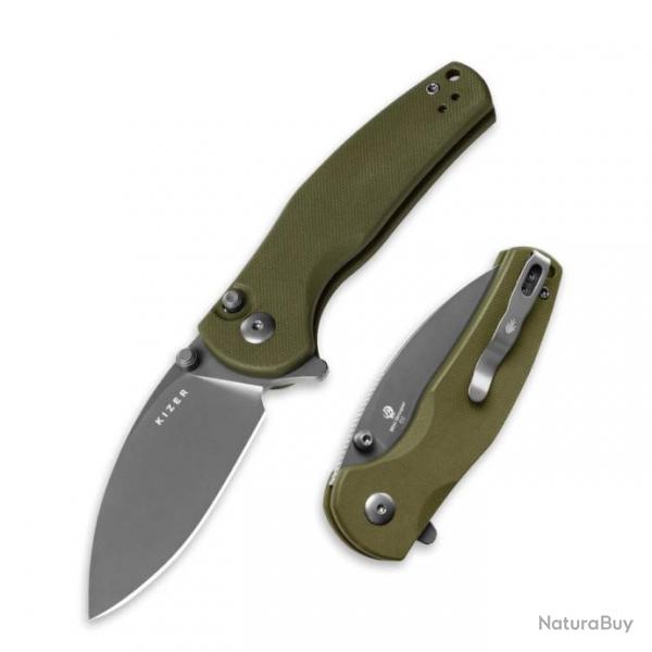 Couteau Kizer Mini Grouper OD Green Manche G10 Lame Acier D2 Button Lock Clip KIV3669A3