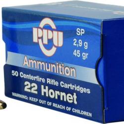 Cartouches PPU Calibre 22 HORNET SP 45grs - Boite de 50 unités