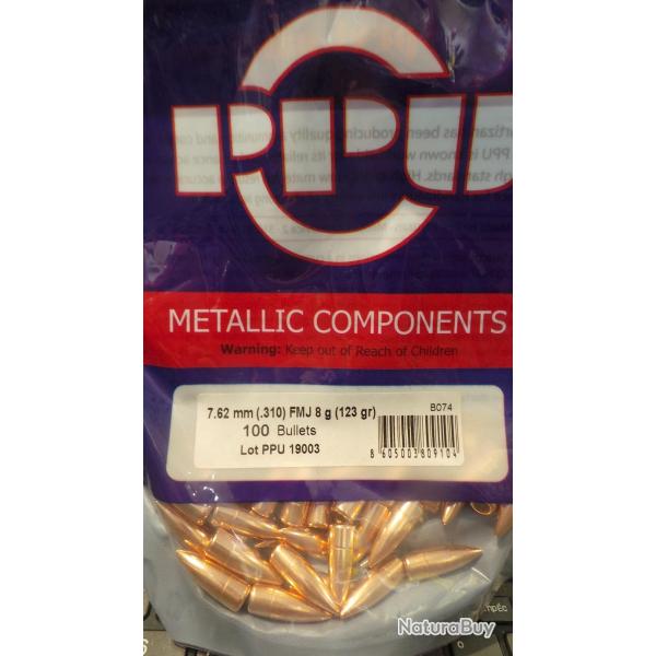 Ogives PPU Cal. 7.62mm (.310) 123gr FMJ - sachet de 100 units
