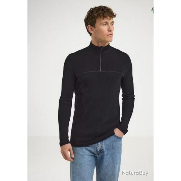 Polo homme manches longues chaud en laine mrinos Zip col protecteur bleu ou noir noir  L (large)