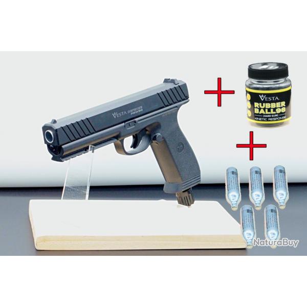 PROMO - Pack 98 - Pistolet Vesta 14J - PDW50 + 50x Balles Vesta Rubber 98 VESTA +5 cartouches CO2