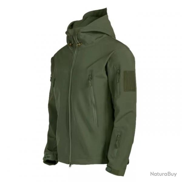 Veste Tactique Militaire Homme en Softshell VERT - Impermable, Coupe-Vent, Chasse, Arme, Randonne