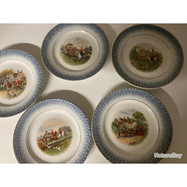 5 assiettes  dessert chasse  courre faience de st amand