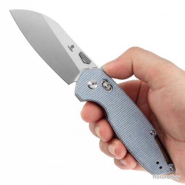 Couteau Tenable Model 6 Lame Sheepfoot Acier 14C28N Manche Blue Micarta Cross Bar Lock Clip T1022V6