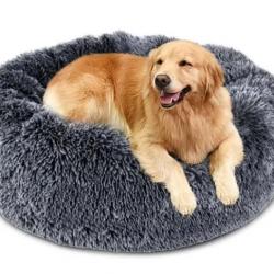 Panier Rond Chiens Douillet et Lavable 80cm Peluche Grise