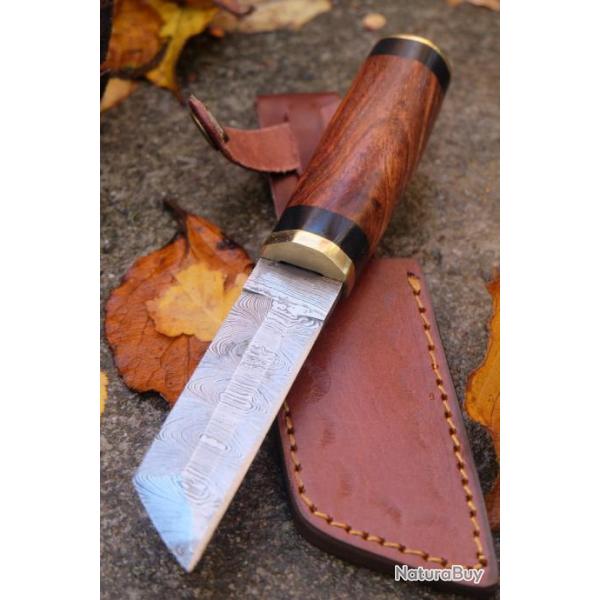 Puukko Seax de Viking Couteau Lame Damas 256 Couches Manche Bois Fabric Artisanale Etui Cuir