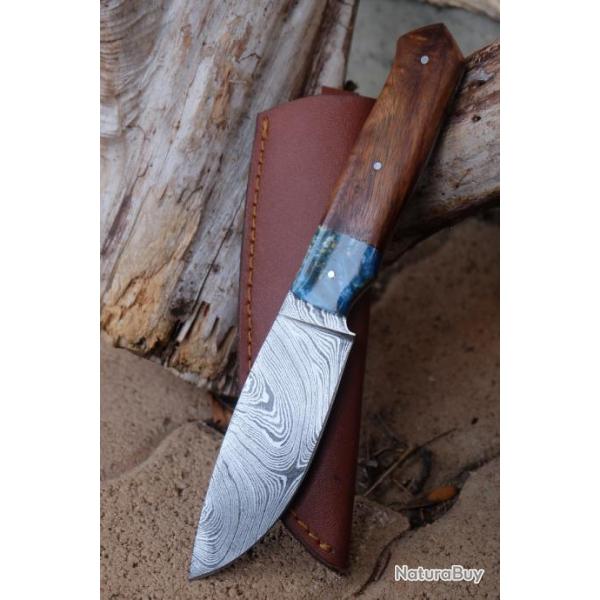 Skinner Couteau de Chasse Damas Lame Drop Point 256 Couches Manche Bois/Rsine Fabr Artisan Etui 001