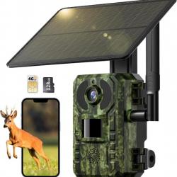 Caméra de Chasse  Solaire 4G avec SIM et 128GB Carte Mémoire, Vidéo en Direct 2.7K Nocturne