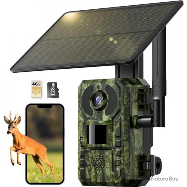 Camra de Chasse  Solaire 4G avec SIM et 128GB Carte Mmoire, Vido en Direct 2.7K Nocturne