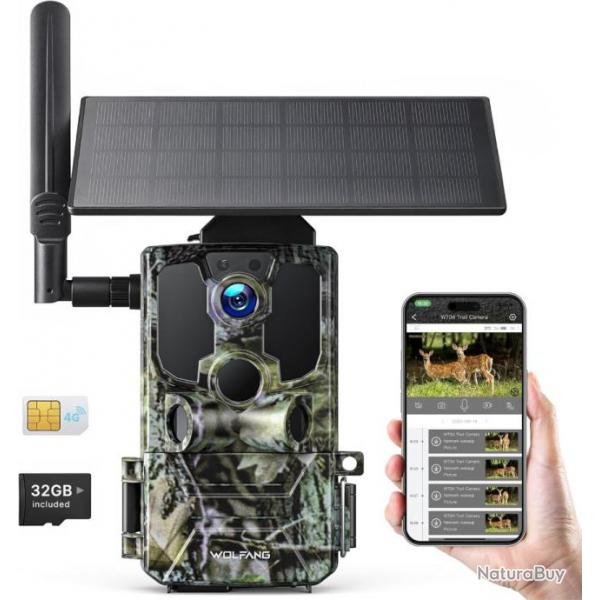 Camra de Chasse  Solaire 4G avec SIM 2.5K Dtection Alarme Vision Nocturne IP66 Etanche