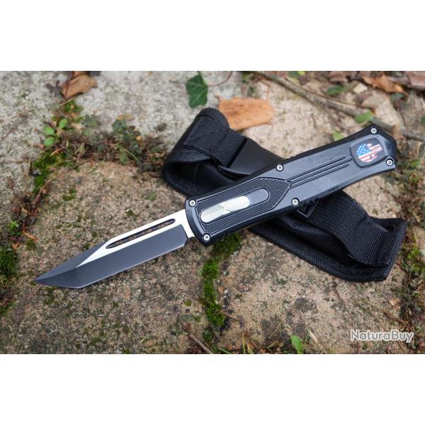 Couteau Automatique OTF Out the Front Tanto Lame Acier 440C Manche Aluminium Noir Etui Tactical