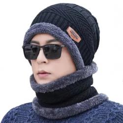 Ensemble Bonnet + Écharpe Hiver Homme/Femme Tricot Acrylique Doublé Polaire Noir Taille Unique