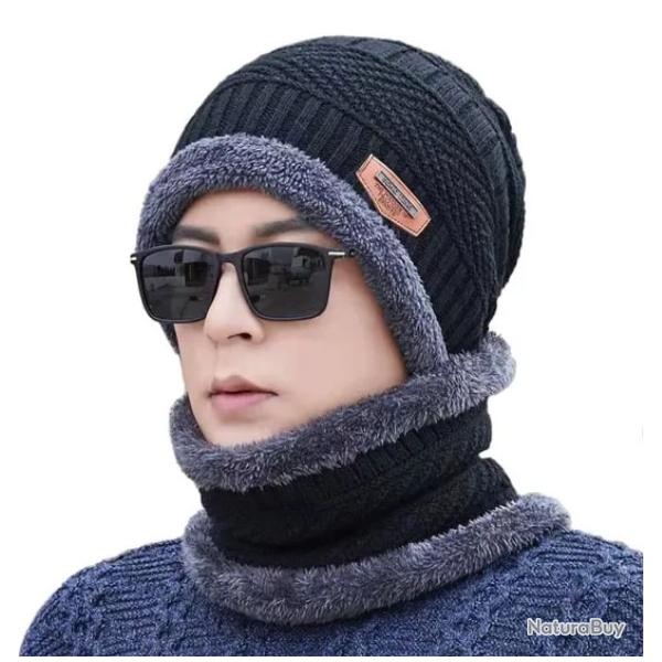 Ensemble Bonnet + charpe Hiver Homme/Femme Tricot Acrylique Doubl Polaire Noir Taille Unique