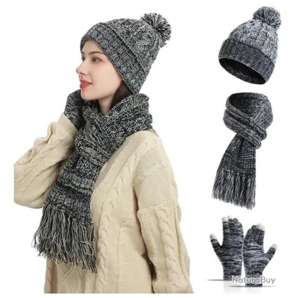 Bonnet Tricot charpe et Gants Tactiles Chaleur Confort et lgance 3 en 1 pour Femme Gris