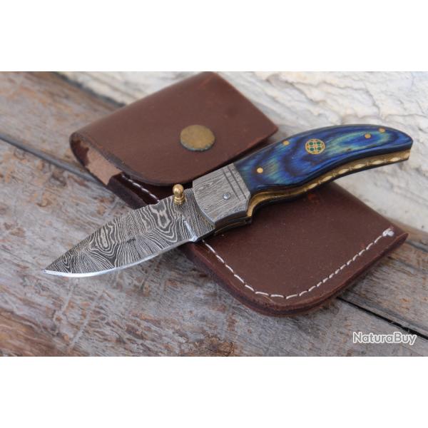 Beau Couteau Faon Corse Curnicciolu Lame & Mitres Damas 128 Couches Manche Bois Etui Cuir Artisan