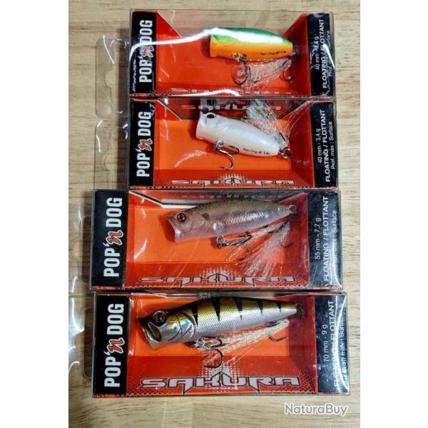 lot 4 poppers Pop'N Dog divers -sakura- leurre de surface perche, black-bass, chevesne