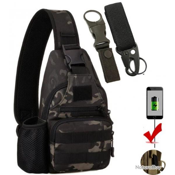 DulBag-Sac  Dos Anti-Vol avec Chargeur USB* petit sac et 2 crochets USB CAMOUFLAGE NOIR*