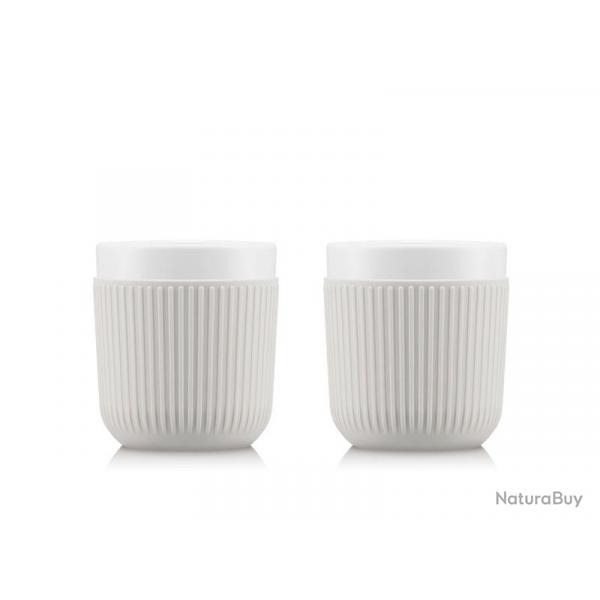 BEL2192 SET DE 2 MUGS BODUM "DOURO" EN PORCELAINE MANCHON SILICONE BLANC 20CL NEUF