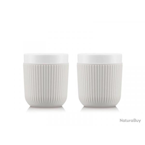 BEL2193 SET DE 2 MUGS BODUM "DOURO" EN PORCELAINE MANCHON SILICONE BLANC 30CL NEUF