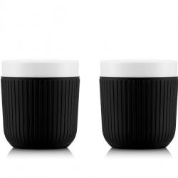 BEL2194 SET DE 2 MUGS BODUM "DOURO" EN PORCELAINE MANCHON SILICONE NOIR 20CL NEUF