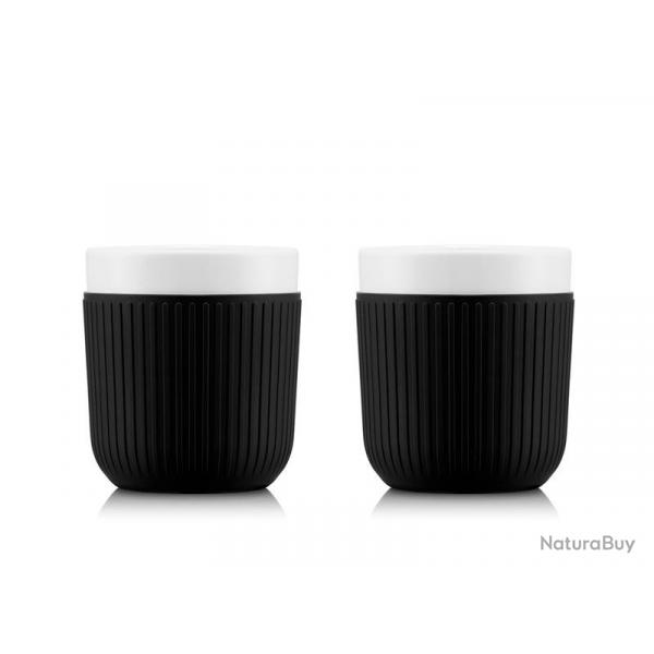 BEL2194 SET DE 2 MUGS BODUM "DOURO" EN PORCELAINE MANCHON SILICONE NOIR 20CL NEUF