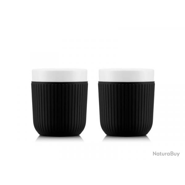 BEL2195 SET DE 2 MUGS BODUM "DOURO" EN PORCELAINE MANCHON SILICONE NOIR 30CL NEUF