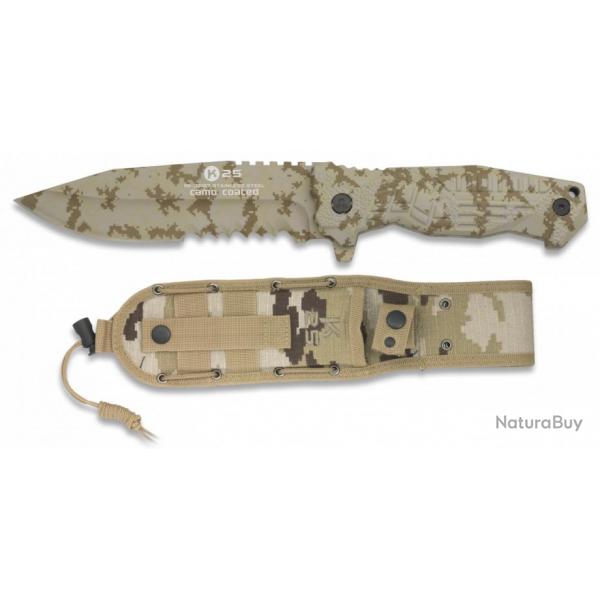 Couteau tactique Camo Coyote plein manche avec lame 14cm