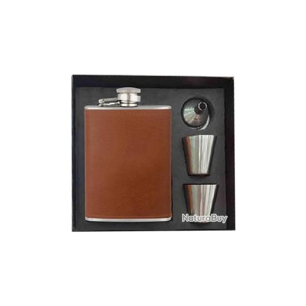 Coffret flasque inox gain cuir contenance 22cl + verres  shot et entonnoir