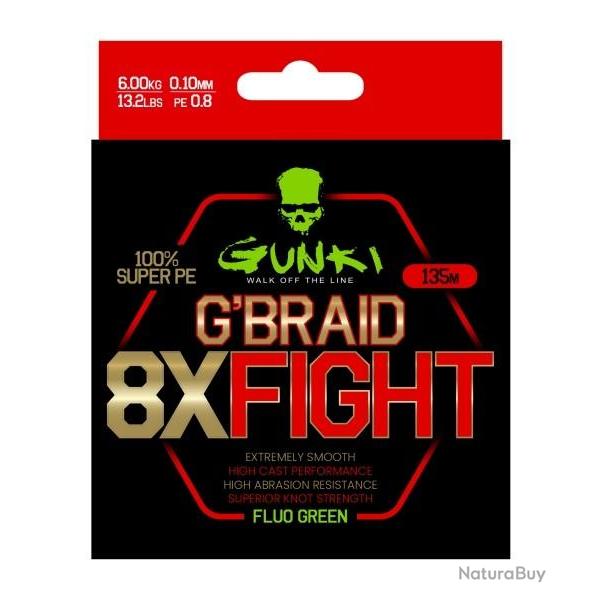 Tresse Gunki G'Braid 8X Fight Vert Fluo 135m 6kg 135m Vert Fluo 0,10mm