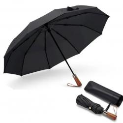 Parapluie Automatique avec Manche en Bois Durable Anti-Vent Protection Pluie & Soleil  Noir 105 cm