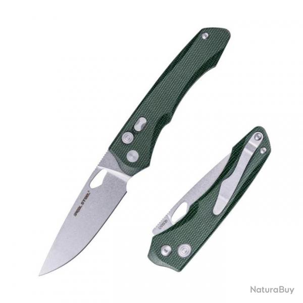 Couteau Real Steel Griffin Pro Green Lame Acier 14C28N Manche Micarta Button Lock Clip IKBS RS7131GM