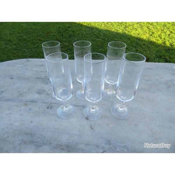 VINTAGE -Ensemble de 6 anciennes fltes  champagne en cristal grav - FRANCE (Fin XIX - Dbut XX)