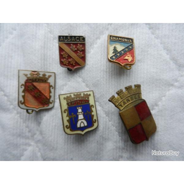 5 insignes cus pinglettes de villes/rgions de France-Lorraine Alsace Epinal Tarbes Chamonix