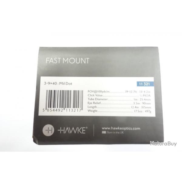 LUNETTE  HAWKE FAST MOUNT  3-9X40 MIL DOT DIAMETRE 25.4 MM AVEC MONTAGE POUR RAIL DE 11MM