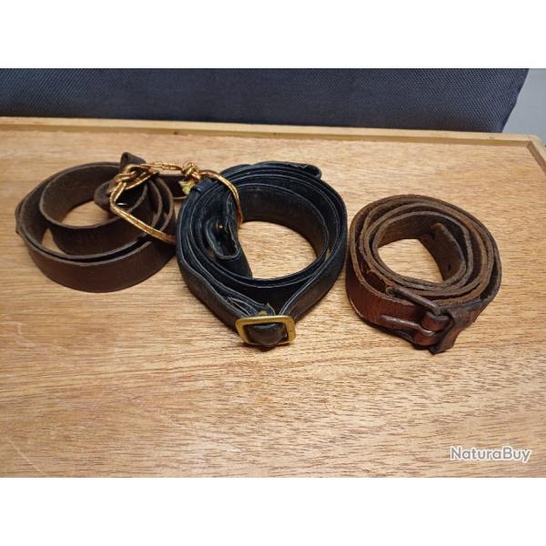 Lot de 3 anciennes sangles en cuir militaires dont un baudrier Sam Brown Belt