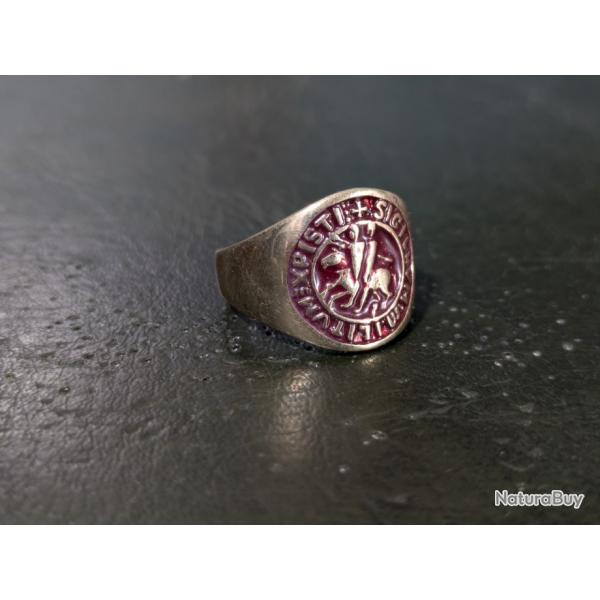 Chevaliere en Laiton Sceau des Templiers - blason bague bronze maconnique rouge