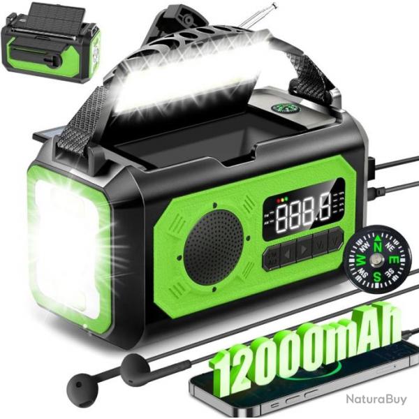 Radio Solaire Urgence Batterie 12000mAh 2 Panneaux Solaires Manivelle Radio Mto SOS Boussole Vert