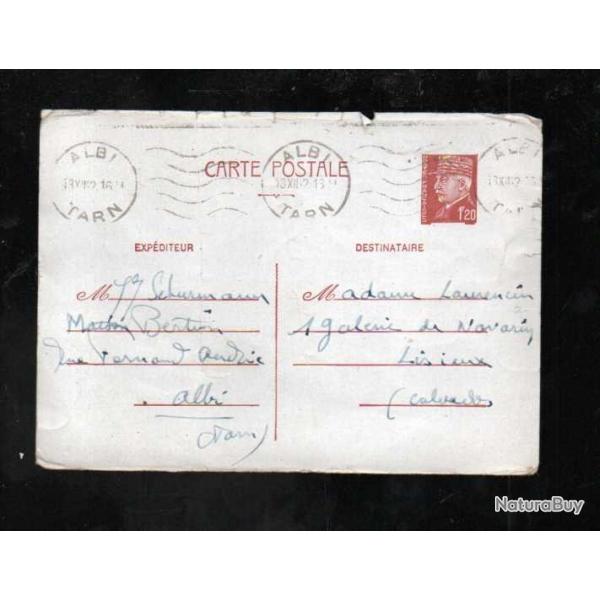 entier postal marchal ptain 1f20 de 1942 ,