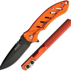 Couteau Bear & Son + Affûteur Edgemate Orange Manche Camo Realtree Xtra Lame Acier 440 BC71819