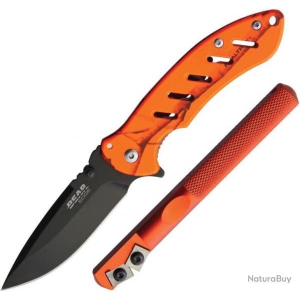 Couteau Bear & Son + Affteur Edgemate Orange Manche Camo Realtree Xtra Lame Acier 440 BC71819