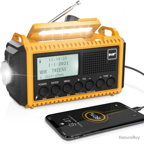 Radio Solaire Urgence Batterie 5000mAh Manivelle SOS Lampe Torche Lampe de Lecture Jaune