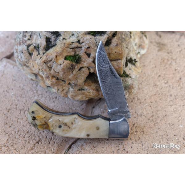 Couteau Lame Damas 128 Couches Manche Corne Blier Faon Buck 112 Fabrication Artisanale Lockback